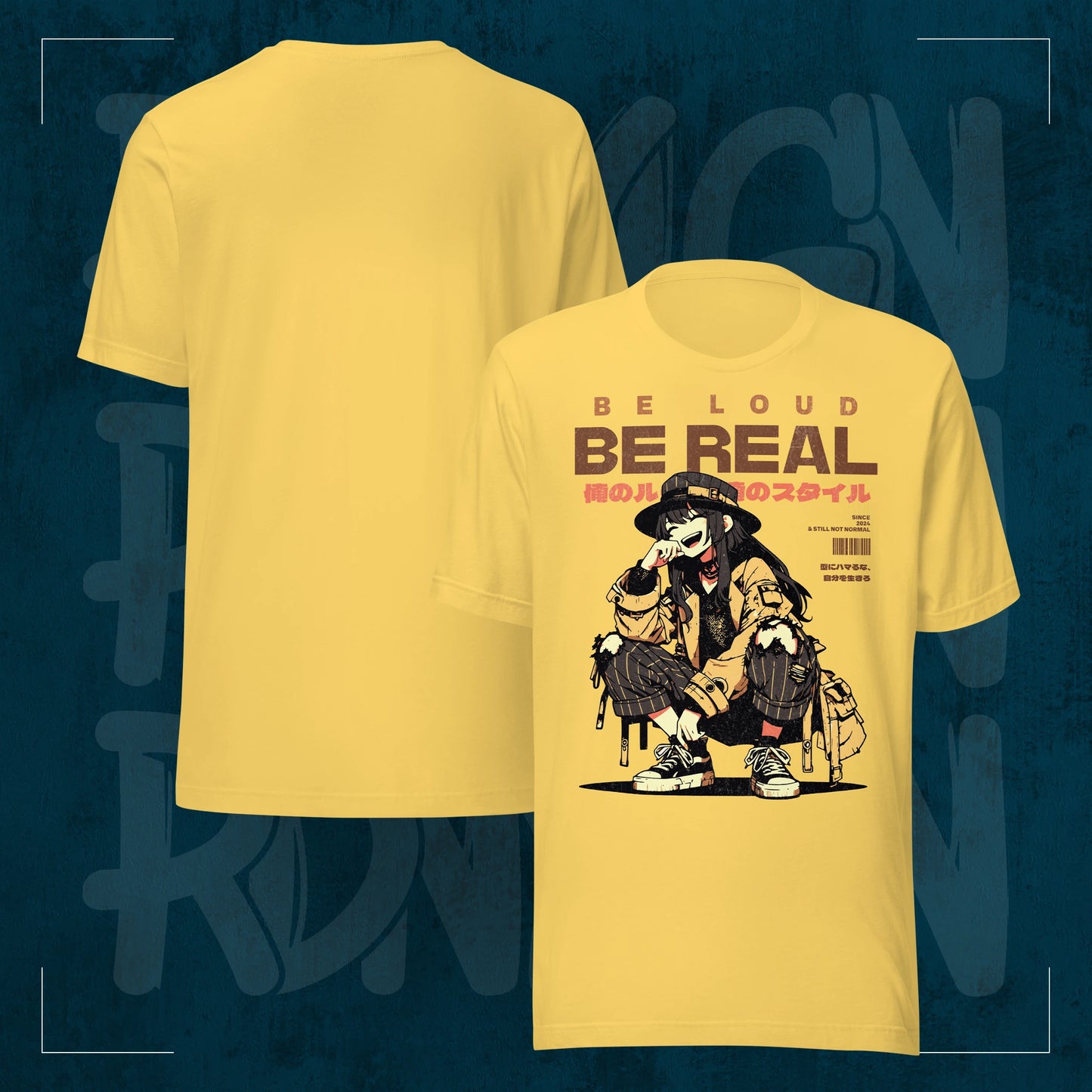 Rodney Logan BE REAL gelbes Regular T-Shirt mit großem Anime-Style Frontprint, japanischer Typografie und urbanem Streetwear-Design.