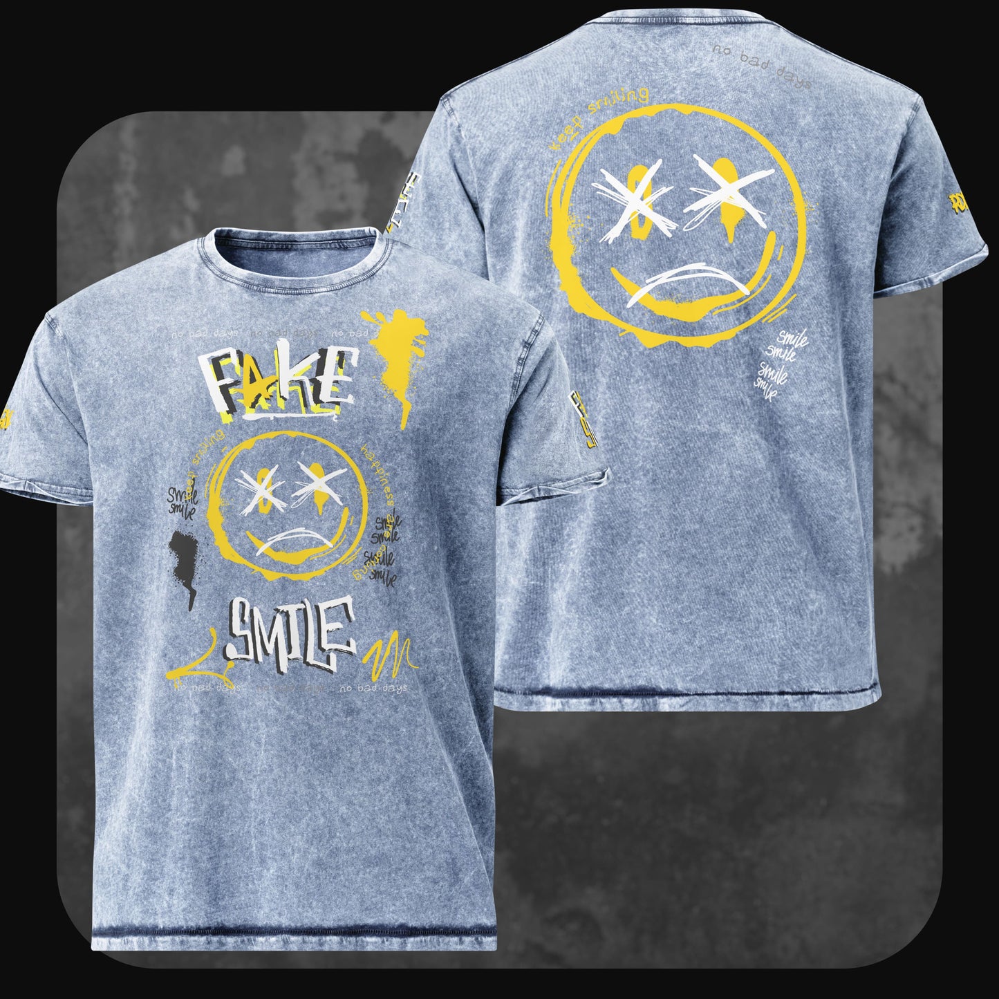 Denim-T-Shirt in verwaschenem Blau mit gelbem ‘Fake Smile’-Grafikdesign auf Vorder- und Rückseite, im Streetart-Stil.