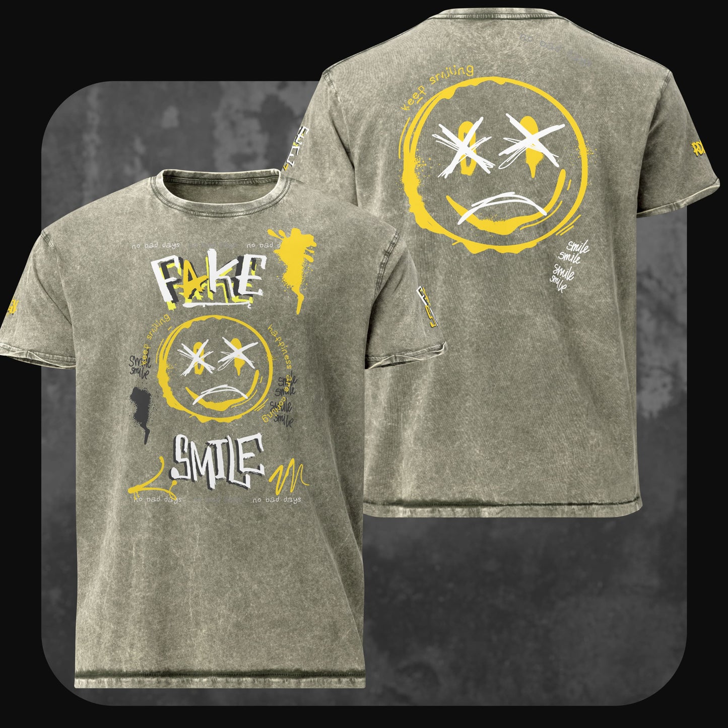 Verwaschen grünes Denim-T-Shirt mit handgezeichnetem Graffiti-Look, Smiley und Typografie-Grafik auf Front und Rücken.