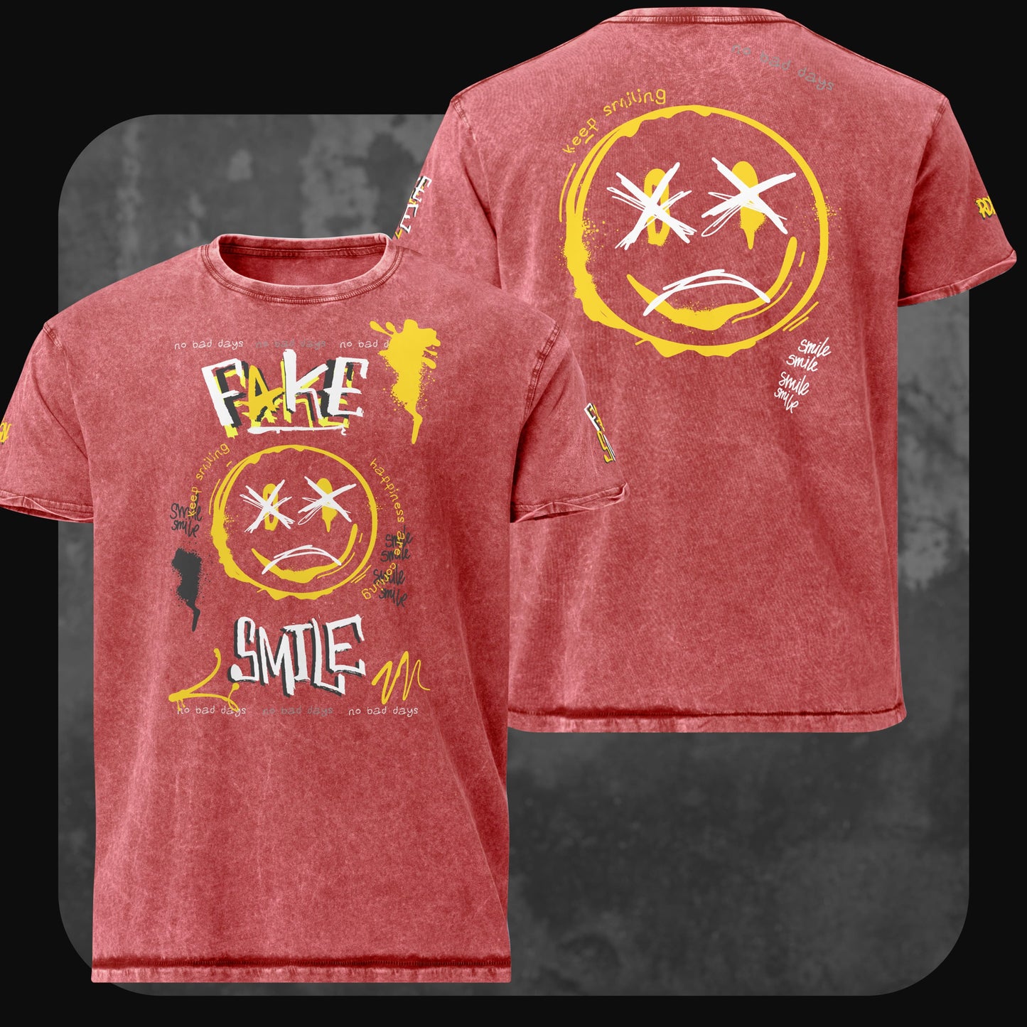 Vintage-rotes Denim-T-Shirt mit gelbem traurigen Smiley und handschriftlichen Elementen – inspiriert vom urbanen Graffiti.