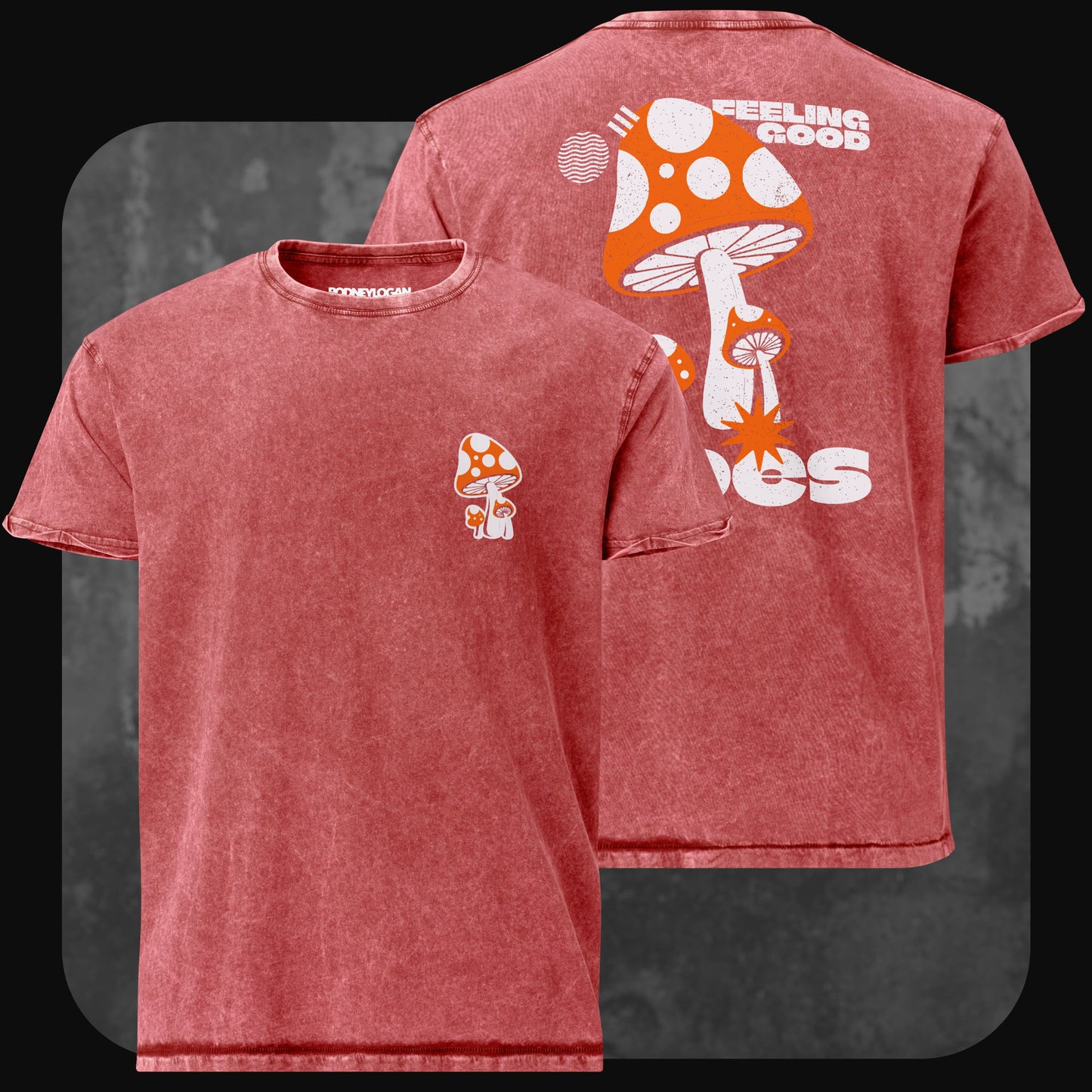 Rotes Acid-Wash-T-Shirt mit kleinem Fliegenpilz vorne. Auf der Rückseite großer roter Fliegenpilz mit dem weißen Schriftzug „Feeling Good Vibes“.