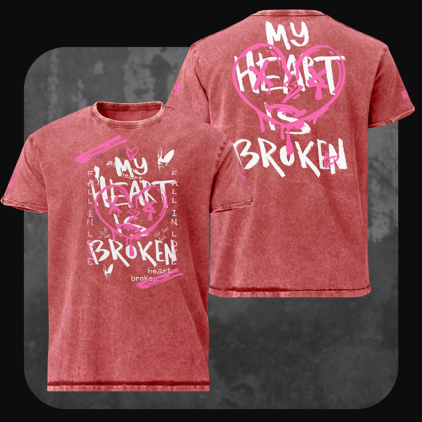 RodneyLogan Denim-T-Shirt “My Heart is Broken” in ausgewaschenem Rot mit auffälligem pink-weißem Herzmotiv und Schriftzug „Broken Heart“ vorne und hinten.