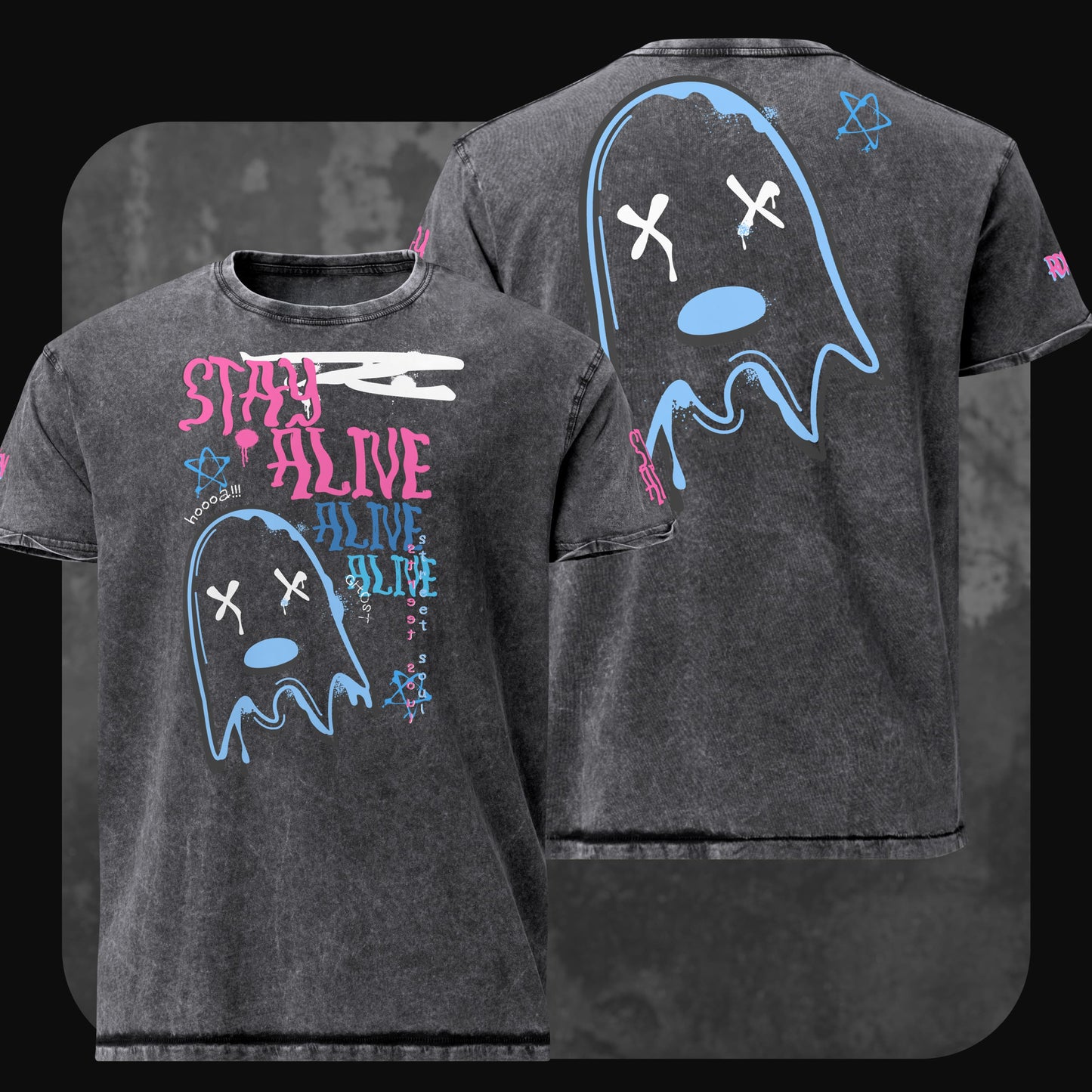 Schwarz verwaschenes Shirt mit pink-blauem Graffiti-Design und großem Ghost-Motiv auf der Rückseite.