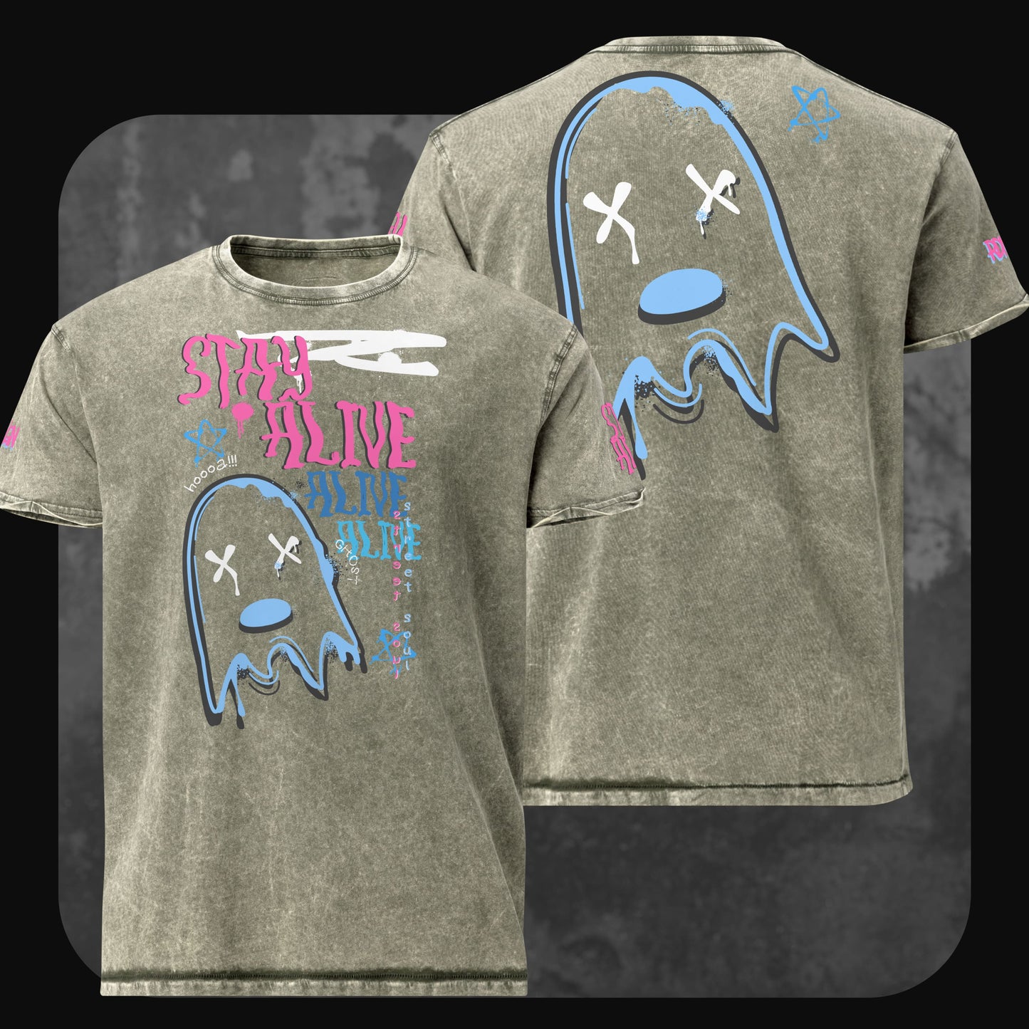 T-Shirt in gewaschener Olivfarbe mit urbanem Print: Geister-Illustration, Sternchen und “Stay Alive”-Typografie.