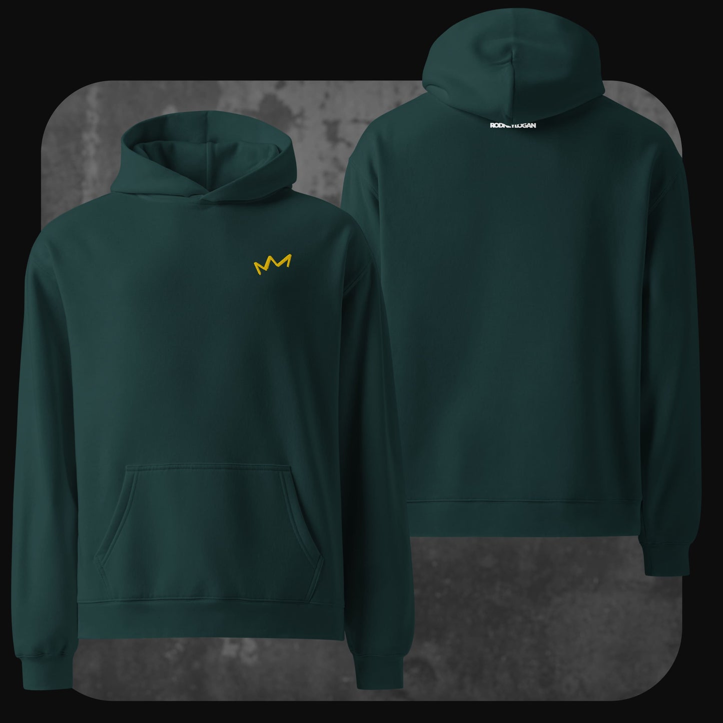 Dunkelgrüner Hoodie mit gelbem Kronenmotiv links auf der Brust. Rückseite schlicht ohne Design.
