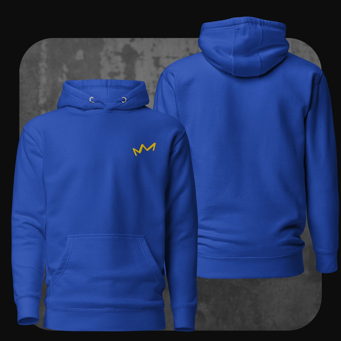 Kobaltblauer Hoodie mit kleiner gelber Krone links auf der Brust. Rückseite ohne Motiv.