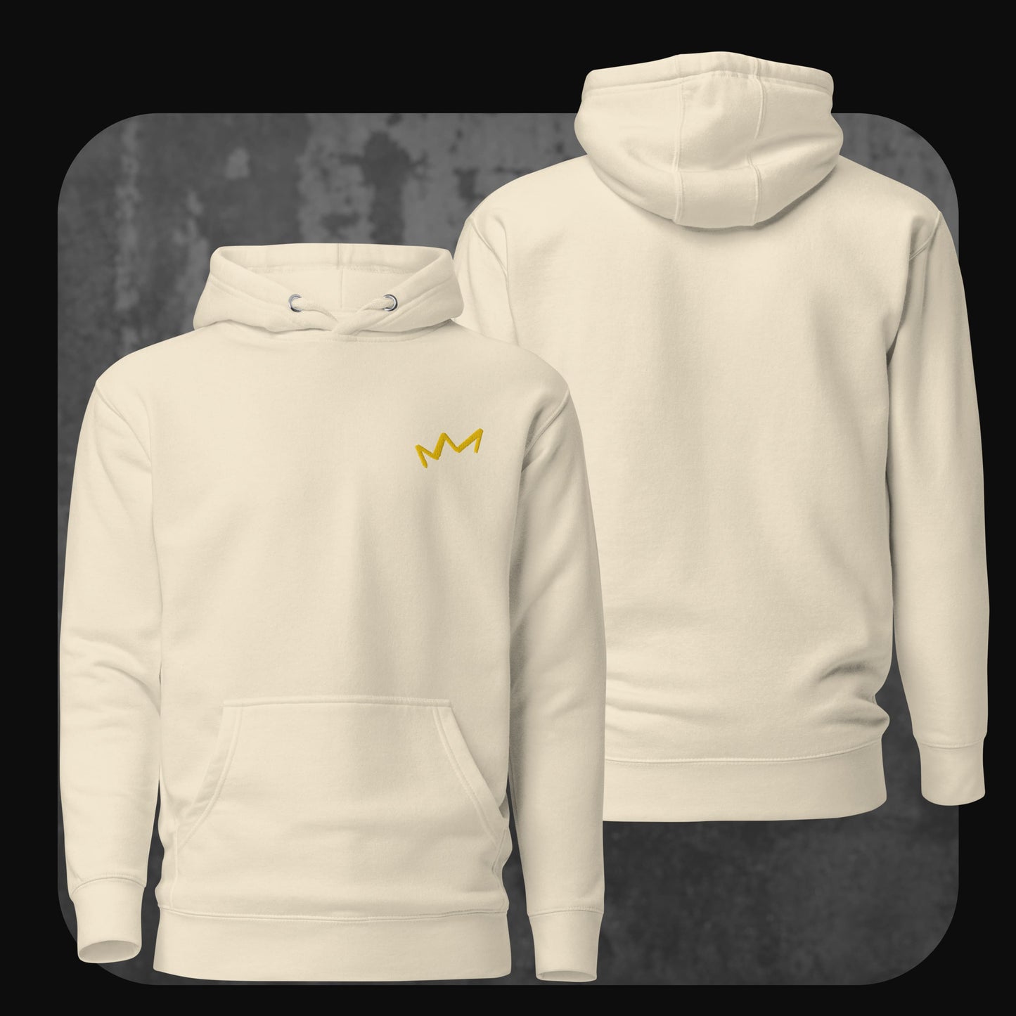 Cremeweißer Hoodie mit gelber Krone links auf der Brust. Rückseite schlicht.