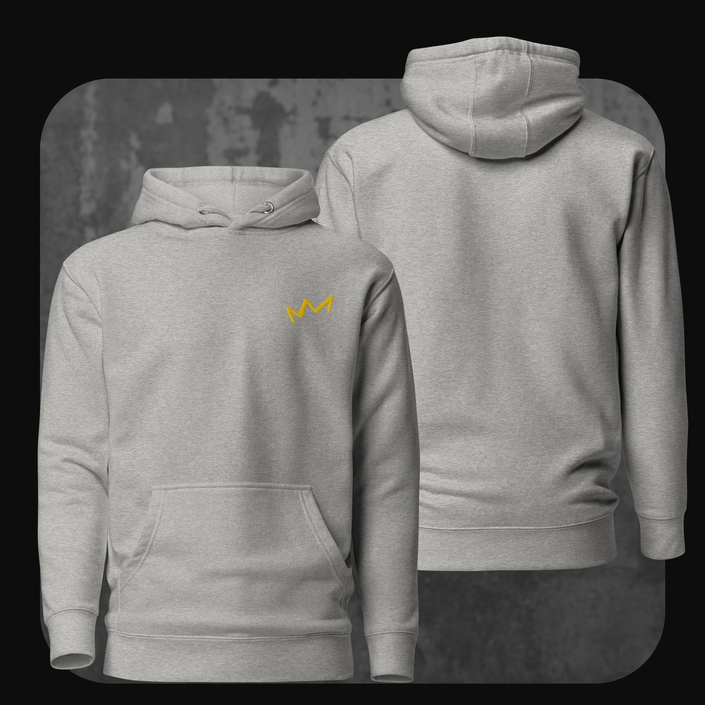 Hellgrauer Hoodie mit kleiner gelber Krone links auf der Brust. Rückseite unbedruckt.