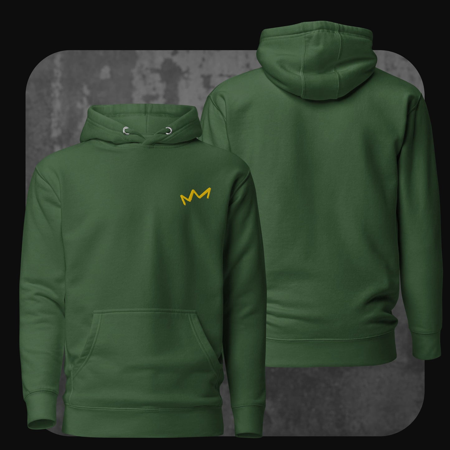 Grüner Hoodie mit gelbem Kronenmotiv links auf der Brust. Rückseite ohne Aufdruck.