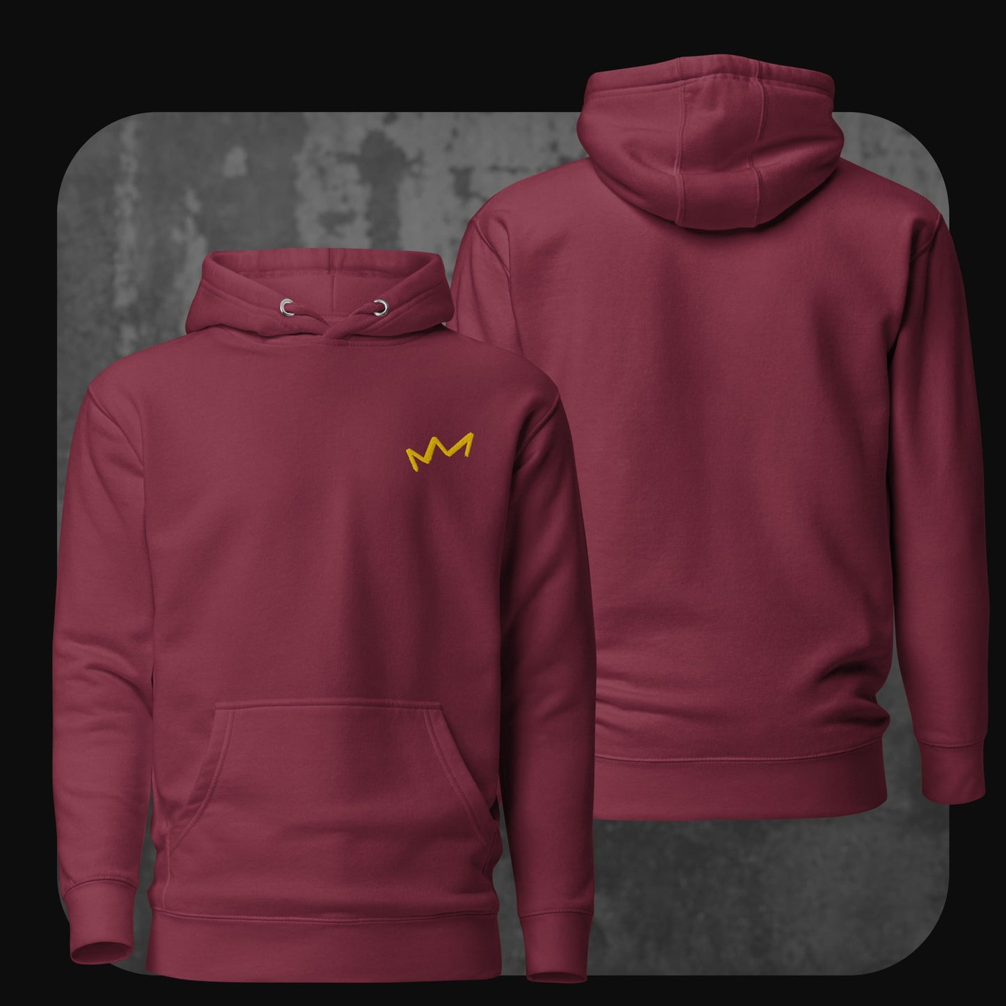 Bordeauxroter Hoodie mit kleiner gelber Krone links auf der Brust. Rückseite schlicht ohne Motiv.