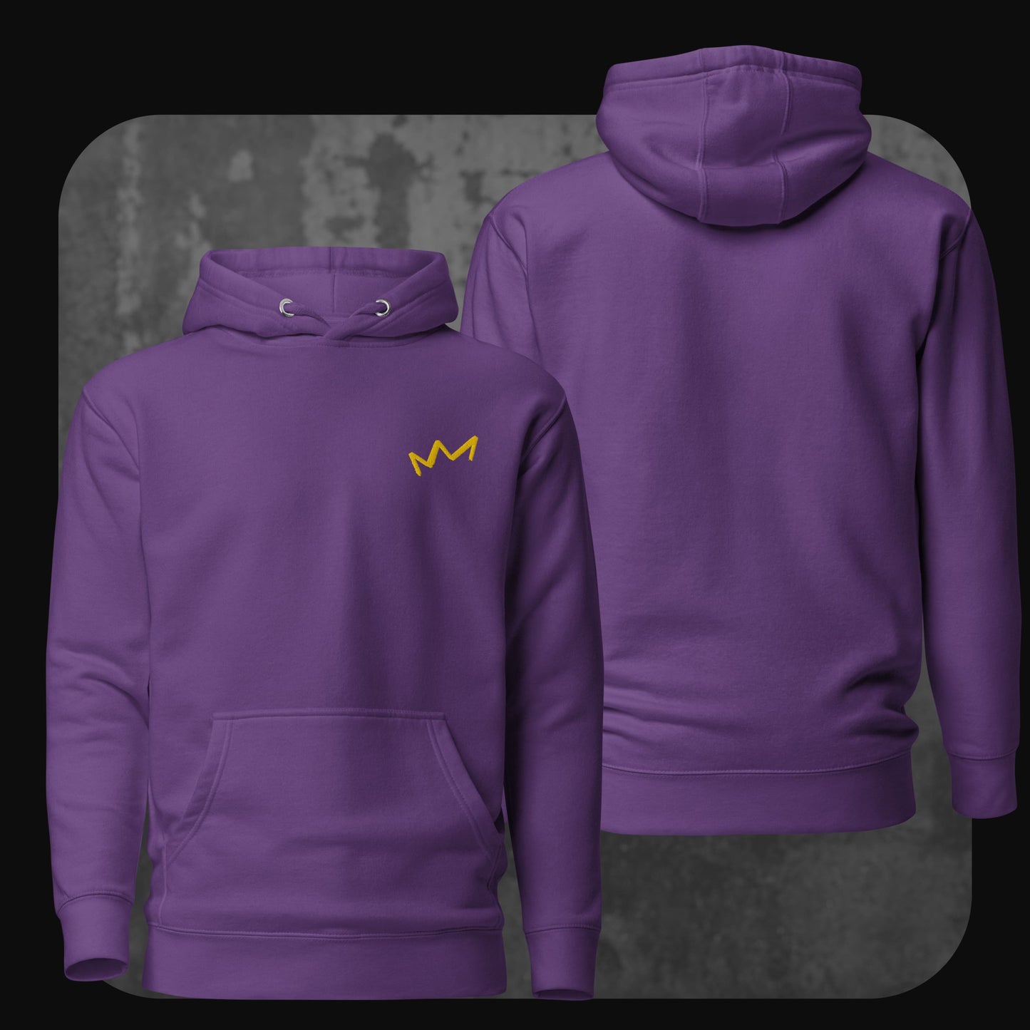 Dunkelblauer Hoodie mit dezentem gelbem Kronenmotiv links auf der Brust. Rückseite ohne Aufdruck.