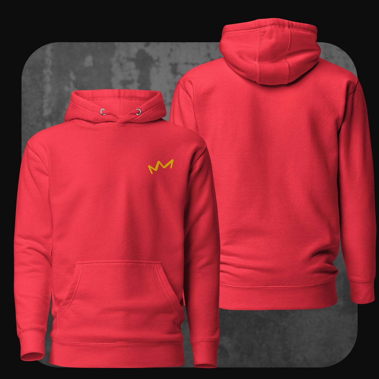 Kräftig roter Hoodie mit gelber Krone links oben auf der Brust. Rückseite schlicht.