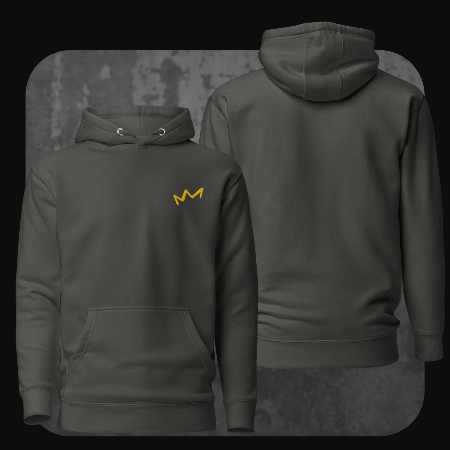 Dunkelgrauer Hoodie mit kleiner gelber Krone links auf der Brust. Rückseite schlicht ohne Aufdruck.