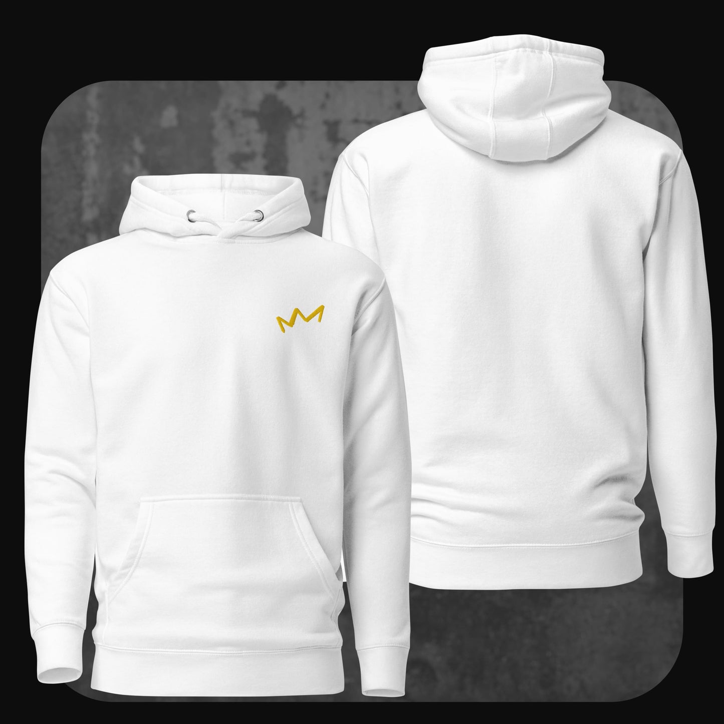 Weißer Hoodie mit gelbem Kronenmotiv links auf der Brust. Rückseite unbedruckt.