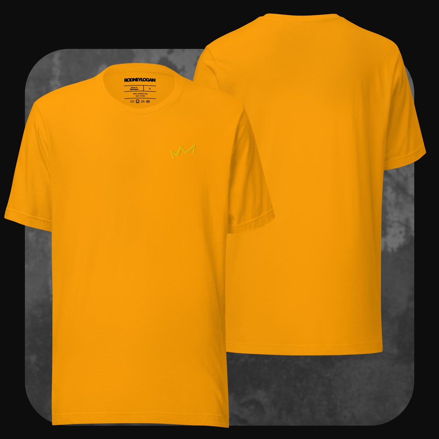 Leuchtend gelbes T-Shirt mit kleiner gelber Krone auf der linken Brust. Rückseite schlicht ohne Motiv.
