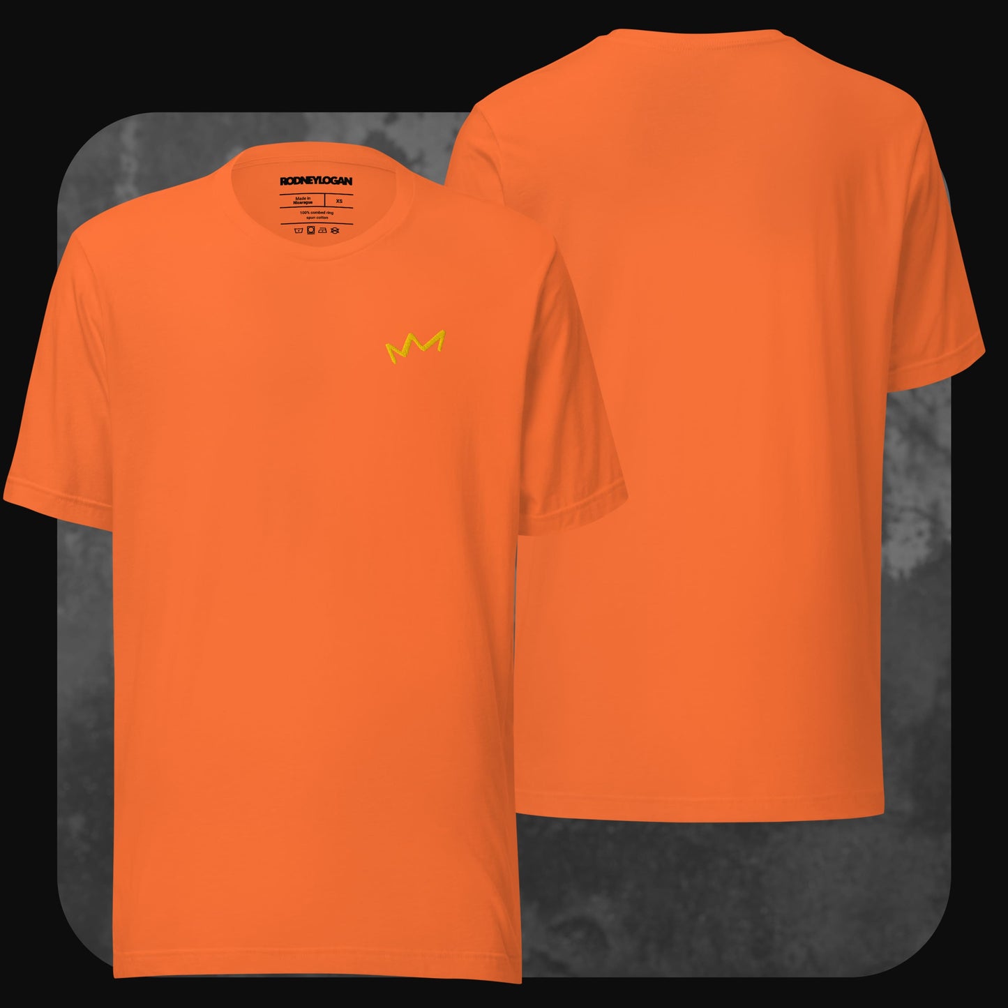 Leuchtend oranges T-Shirt mit gelber Krone links auf der Brust. Rückseite schlicht.