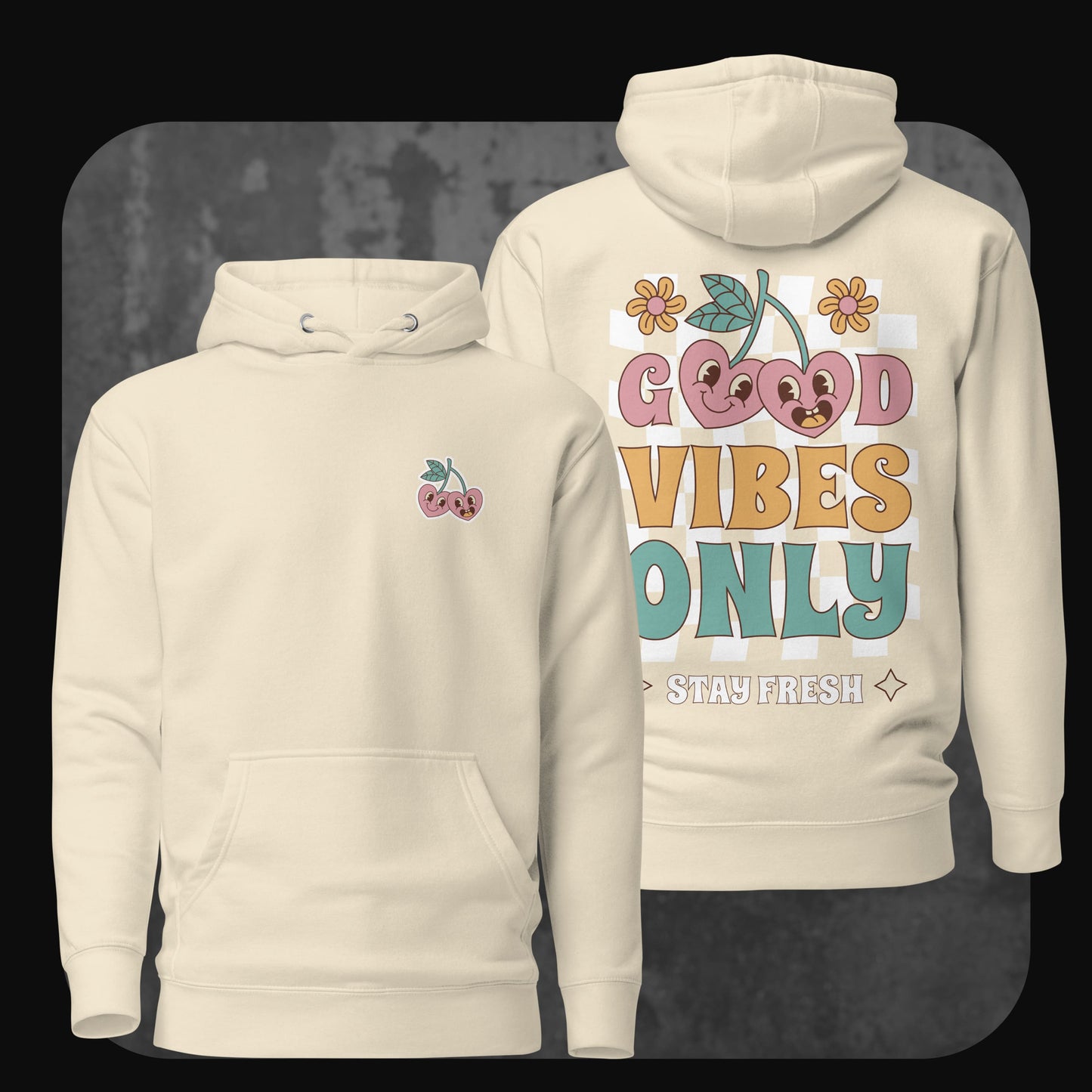 Produktbild des Good Vibes Only Hoodies in Bone mit farbenfrohem Design auf der Rückseite und dezentem Front-Stick