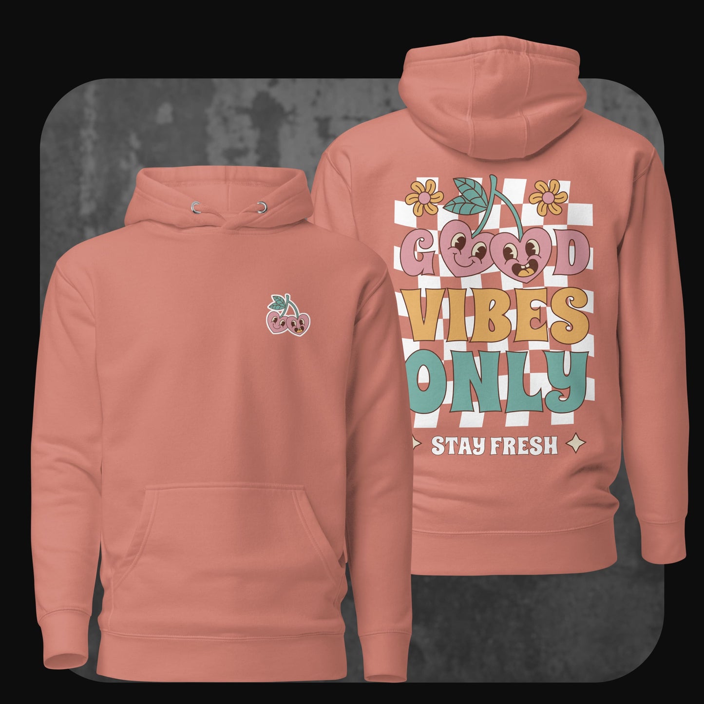 Produktbild des Good Vibes Only Hoodies in Dusty Rose mit fruchtigem Front-Stick und leuchtendem Backprint