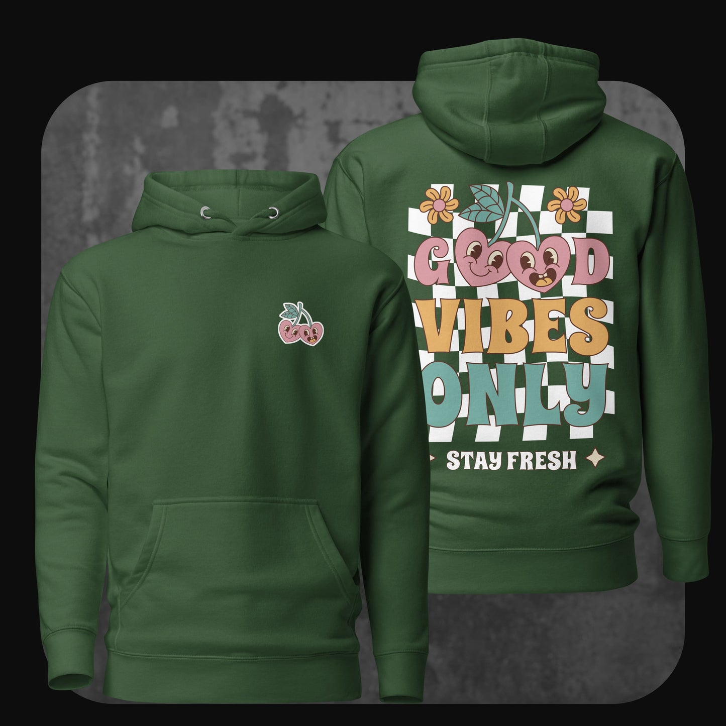 Produktbild des Good Vibes Only Hoodies in Dunkelgrün mit verspieltem Rückendesign und kleiner Front-Stickerei