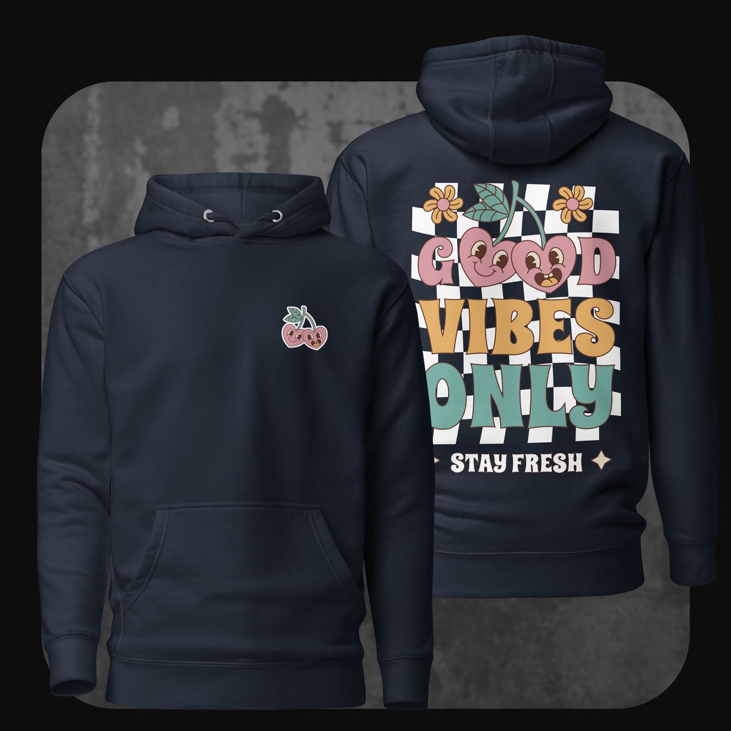 Produktbild des Good Vibes Only Hoodies in Navy mit kleinem Kirsch-Stick vorne und großem bunten Print hinten