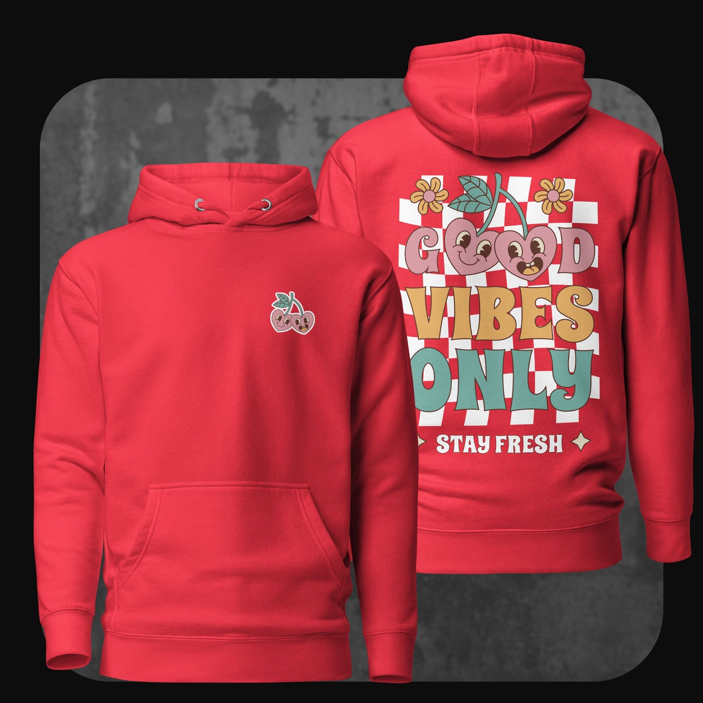 Produktbild des Good Vibes Only Hoodies in Rot mit lebendiger Rückengrafik und kleinem Stick vorne