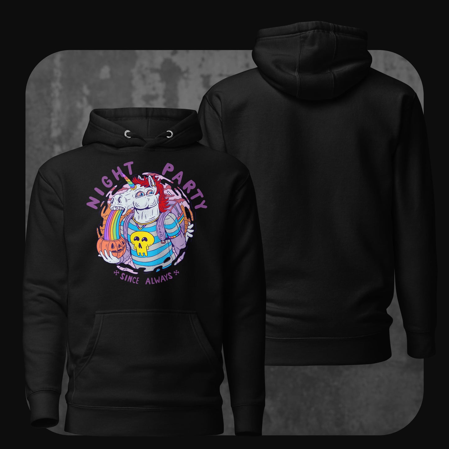 Unisex Hoodie Punicorn in Schwarz mit farbenfrohem Einhorn-Design und Party-Motiv