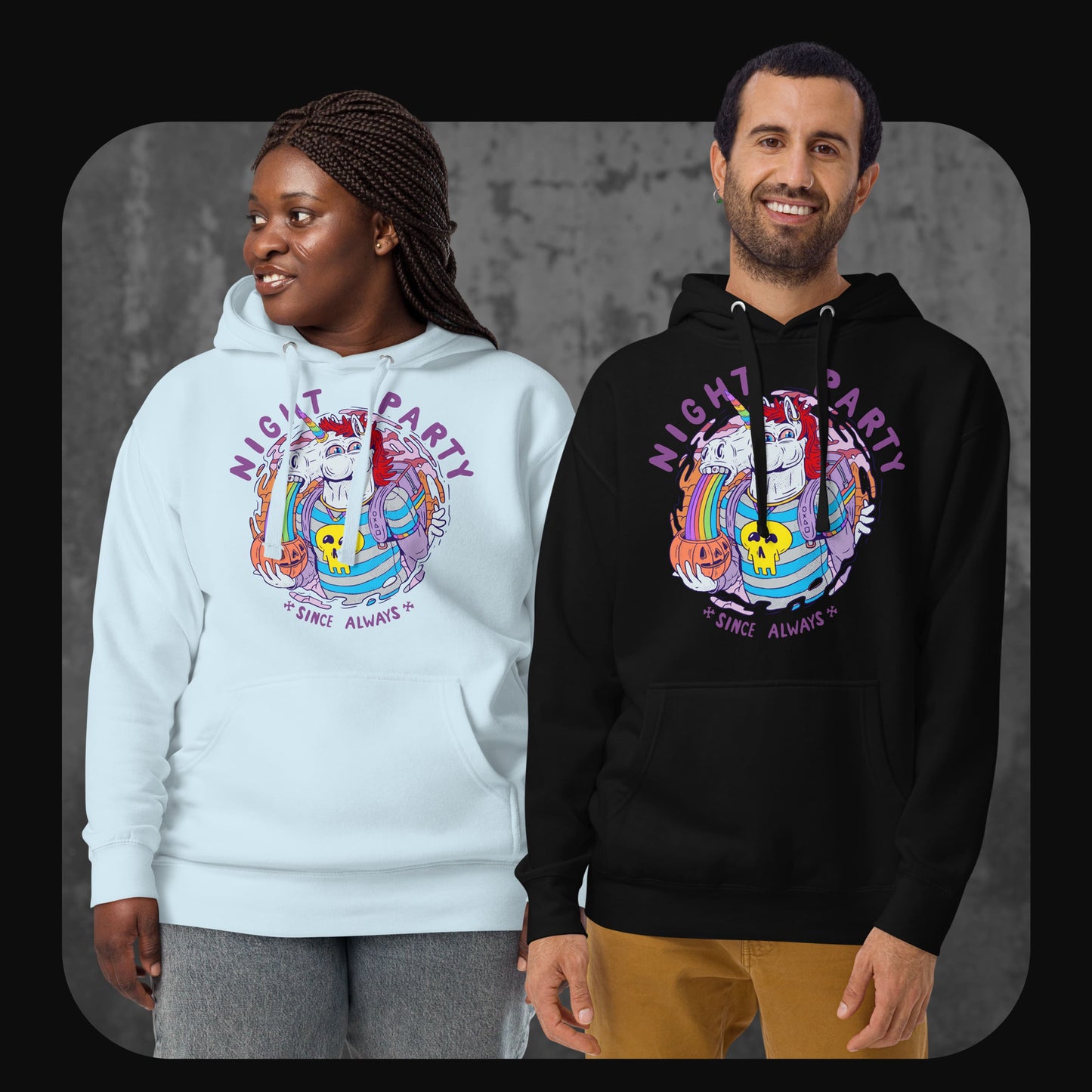 Zwei Personen tragen den Unisex Hoodie Punicorn in Schwarz und Sky Blue – auffällig, bequem, ironisch
