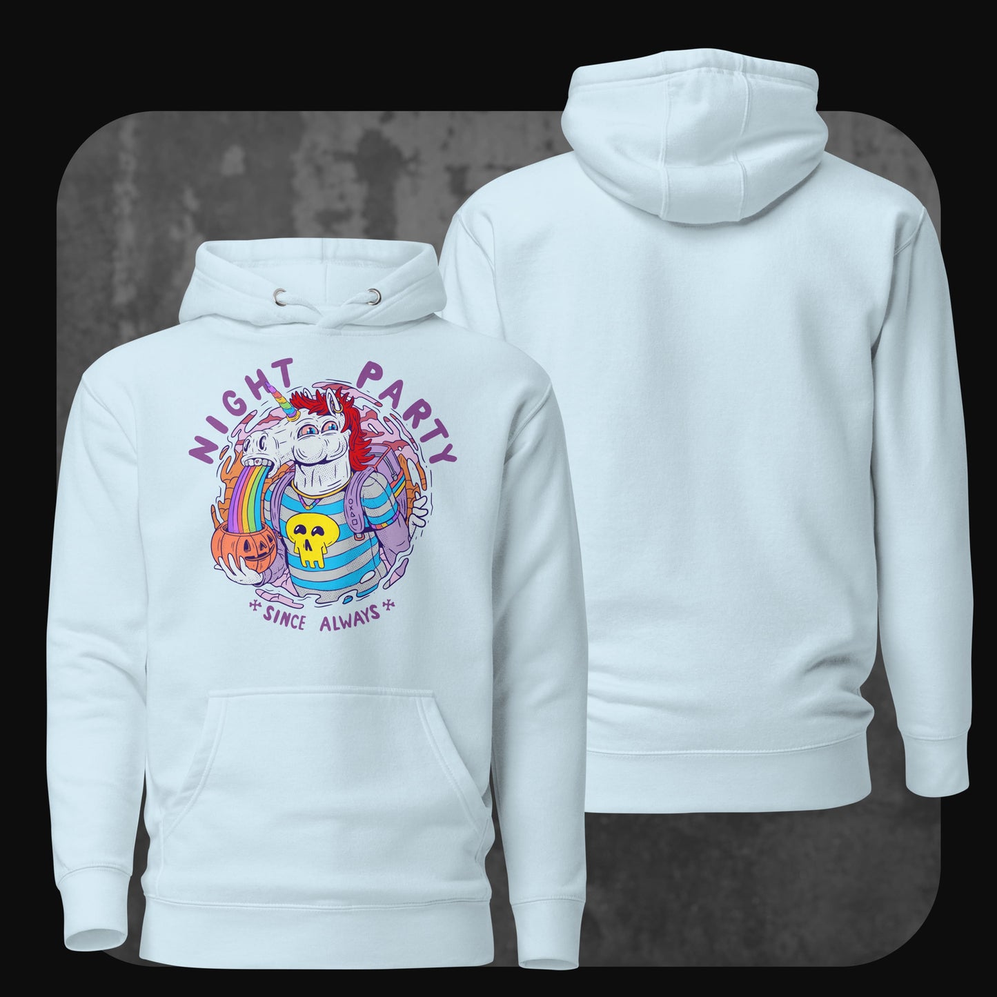 Unisex Hoodie Punicorn in Sky Blue – buntes Frontdesign mit kotzendem Einhorn und Totenkopf