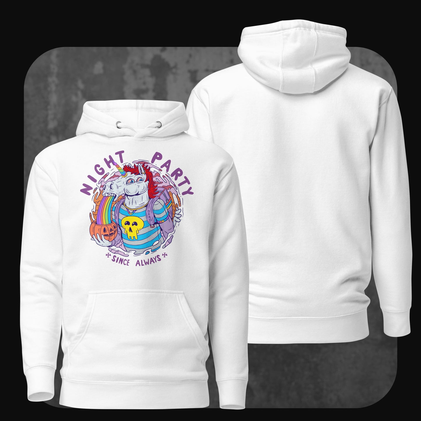 Unisex Hoodie Punicorn in Weiß mit kontraststarkem Comic-Print und schriller Farbpalette