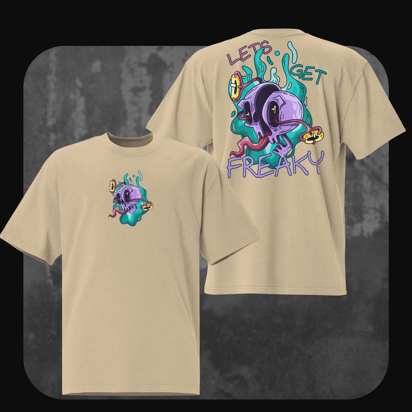 Oversized T-Shirt Freaky in Faded Khaki mit farbigem Doppelschädel-Design und „Let’s Get Freaky“-Backprint