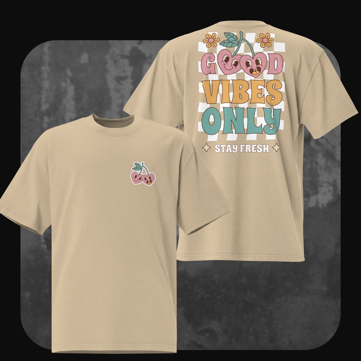Oversized T-Shirt ‘Good Vibes Only’ in Faded Khaki, Vorder- und Rückseite mit buntem Print und Kirschen-Motiv.