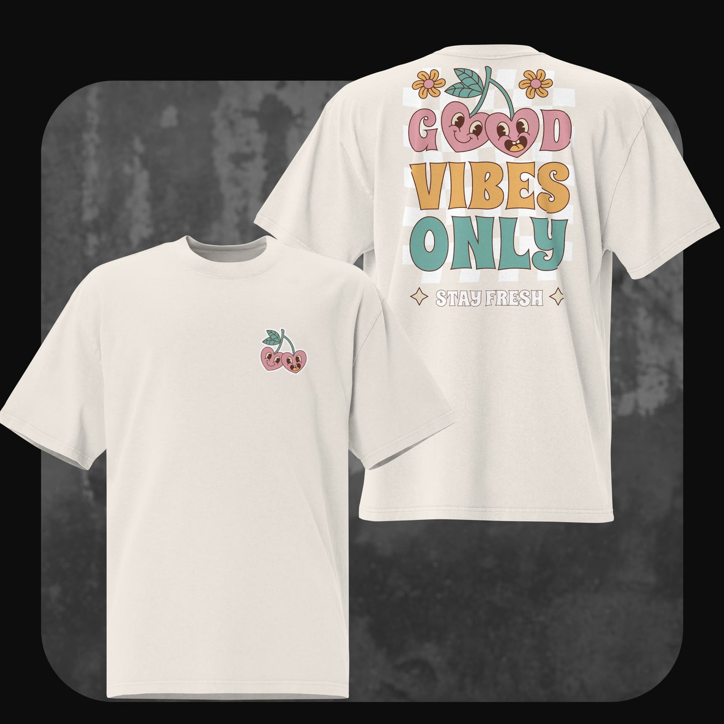 Oversized T-Shirt ‘Good Vibes Only’ in Weiß mit buntem Rückendruck und minimalistischer Kirsche auf der Brust.