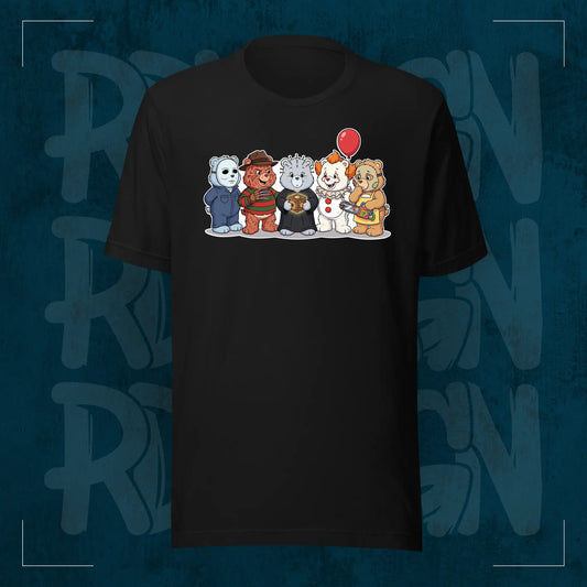 Schwarzes RodneyLogan Regular T-Shirt mit kleinem „Scare Bears“-Frontmotiv auf dunkelblauem Hintergrund.