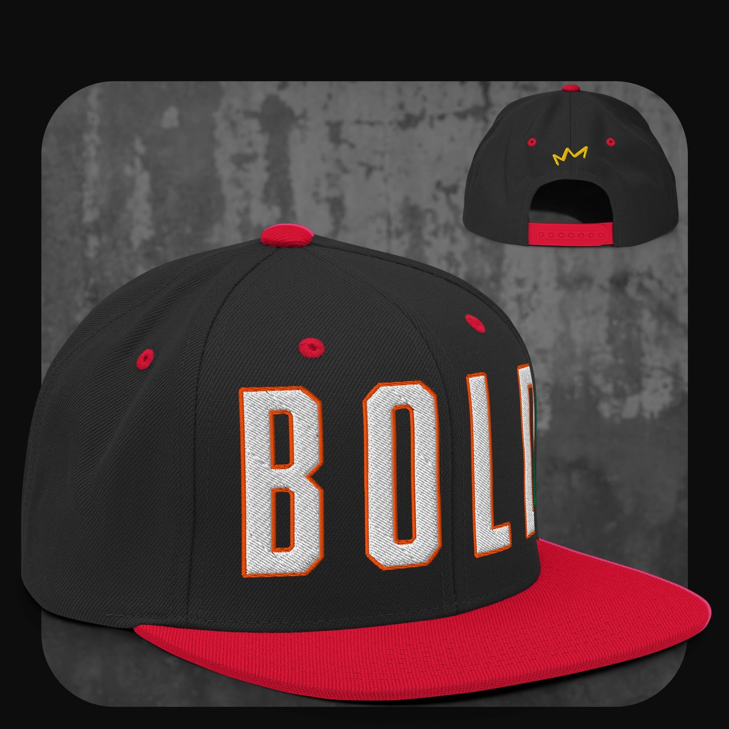 Schwarze Snapback-Cap mit roter Krempe, roten Ösen und rotem Knopf. Auf der Vorderseite „BOLD“ in weißen Blockbuchstaben mit oranger Umrandung, hinten gelbes Kronenlogo.