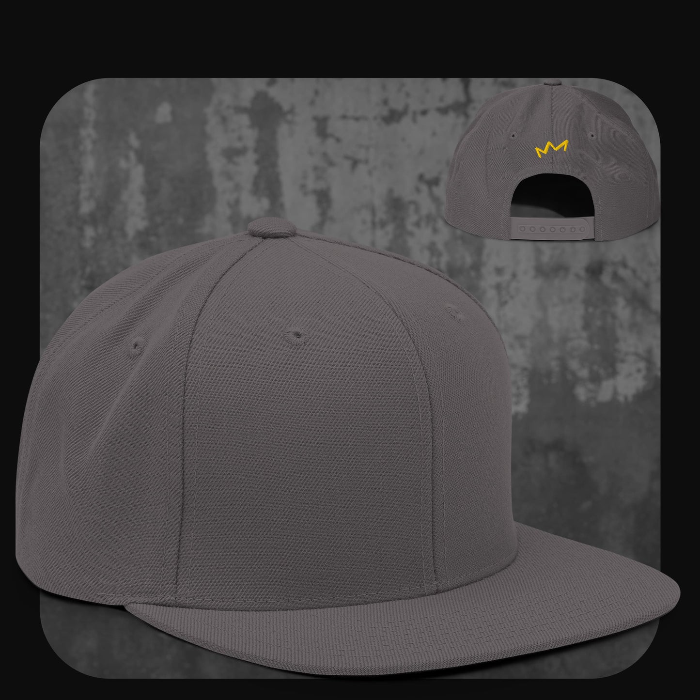 Einheitlich dunkelgraue Snapback-Cap mit passendem Schirm und Verschluss – gelbe Krone auf der Rückseite.