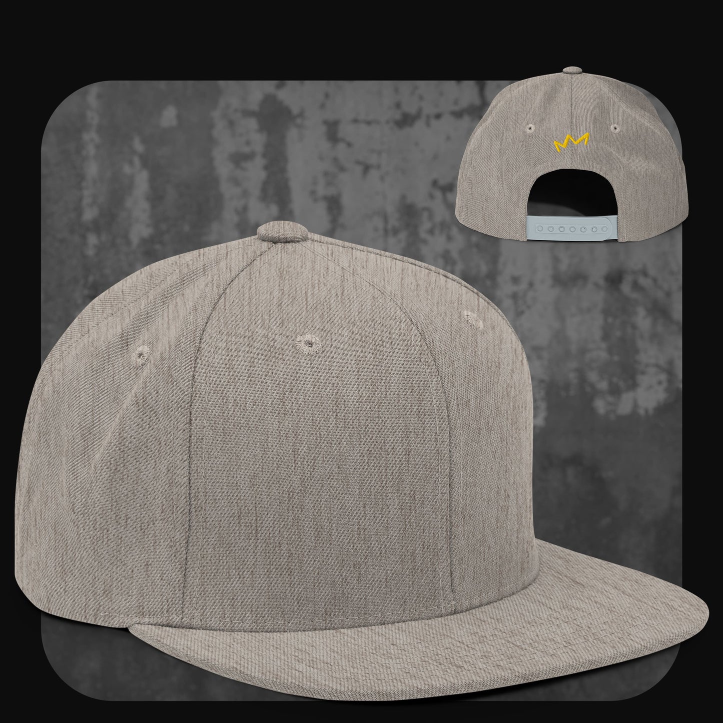 Melierte hellgraue Snapback-Cap mit Schirm, Knopf, Stickösen und Verschluss – gelbe Krone auf der Rückseite.