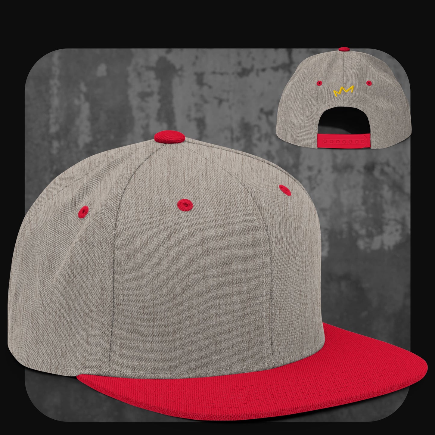 Snapback-Cap in meliertem Grau mit rotem Schirm, roten Akzenten und gelbem Krönchen-Logo auf der Rückseite.