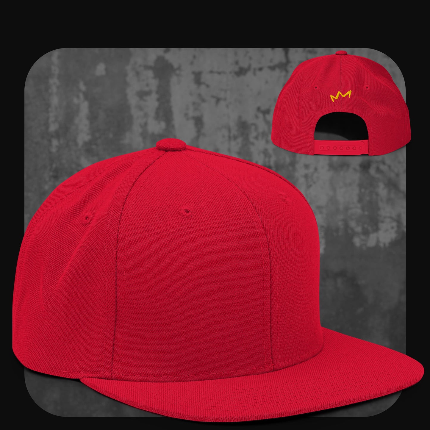 Knallrote Snapback-Cap mit einheitlichem Design und gelbem Krönchen-Logo auf der Rückseite.