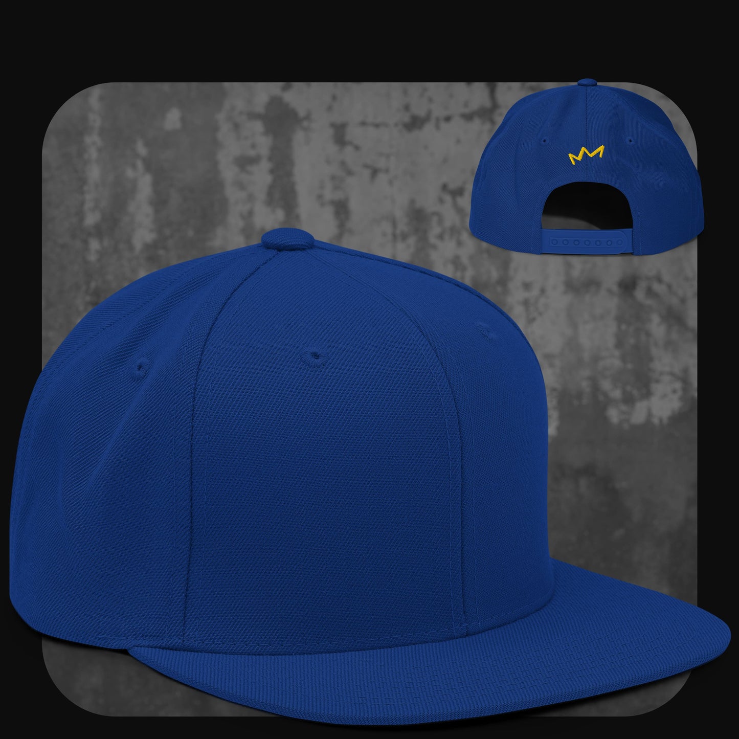 Snapback-Cap in leuchtendem Königsblau mit gleichfarbigem Schirm und gelbem Krönchen-Logo auf der Rückseite.