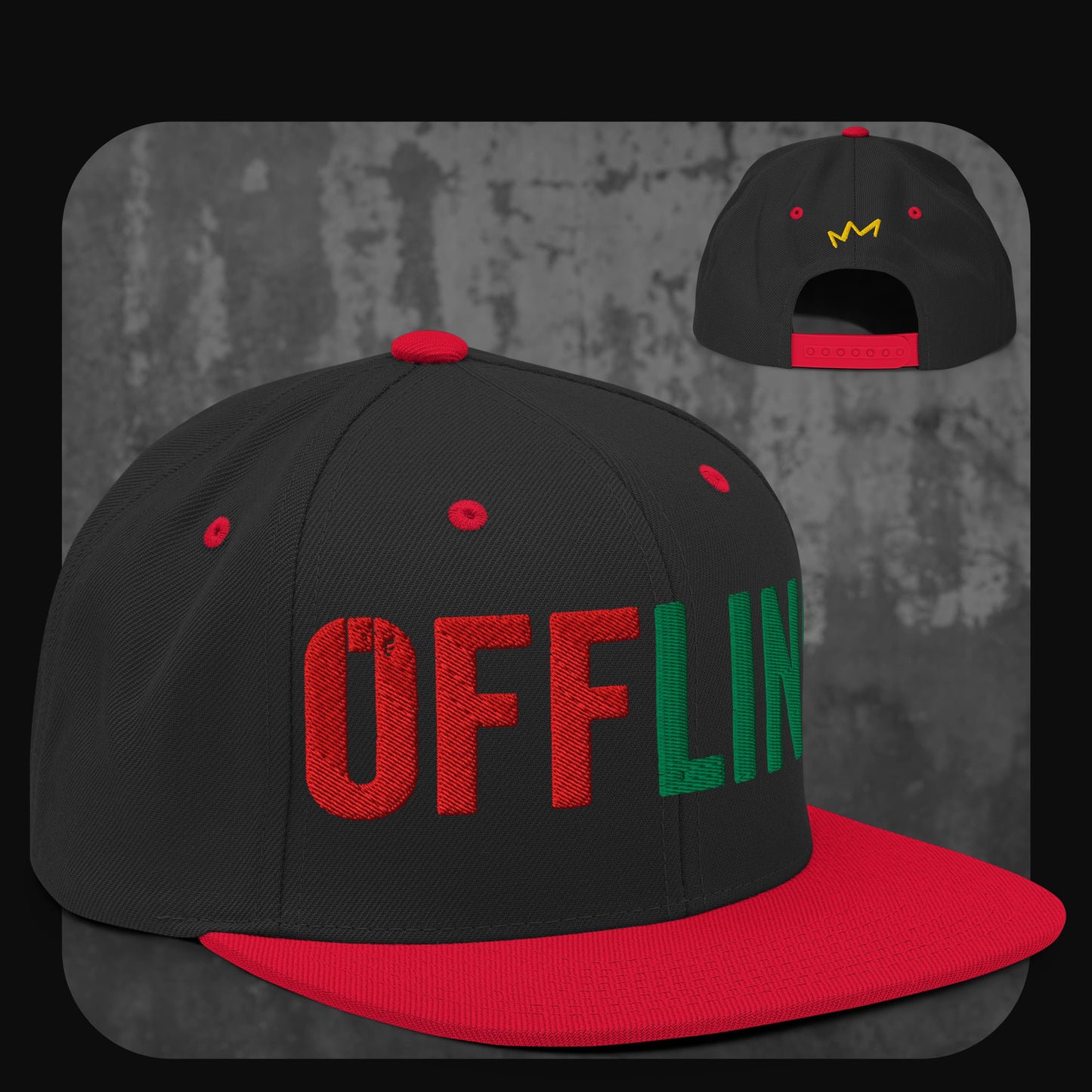 Schwarze Snapback-Cap mit roter Krempe, roten Ösen und rotem Knopf. Vorne der Schriftzug „OFFLINE“ in Rot und Grün, hinten gelbes Kronenlogo.