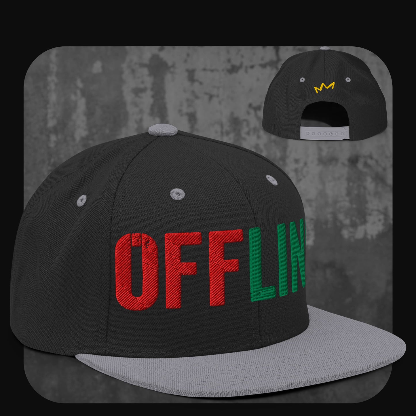Schwarze Snapback-Cap mit grauer Krempe, grauen Ösen und grauem Knopf. Vorne „OFFLINE“-Schriftzug in Rot und Grün, hinten gelbes Kronenlogo.