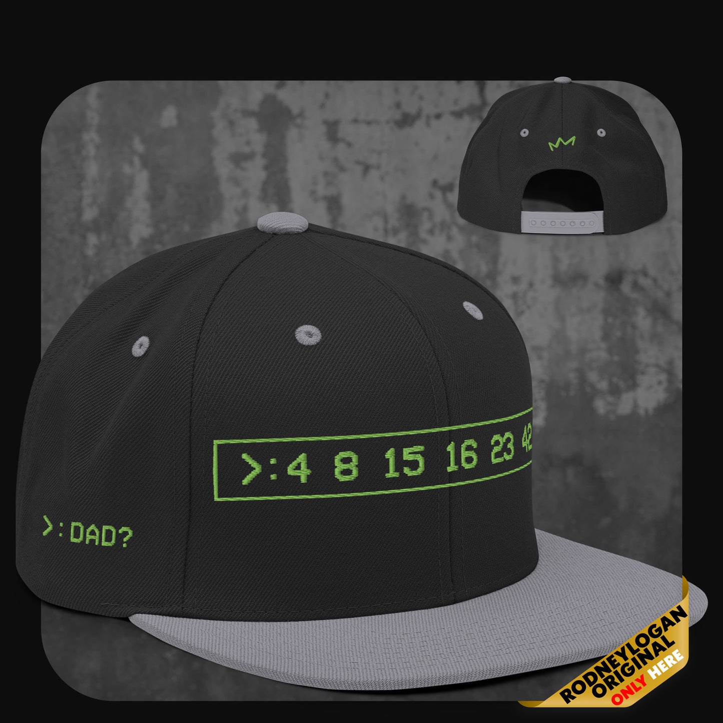 Schwarze Snapback-Cap mit grauer Krempe und grauen Ösen. Vorne grüner Digital-Schriftzug „>: 4 8 15 16 23 42“ im Rechteck, seitlich „>: DAD?“.