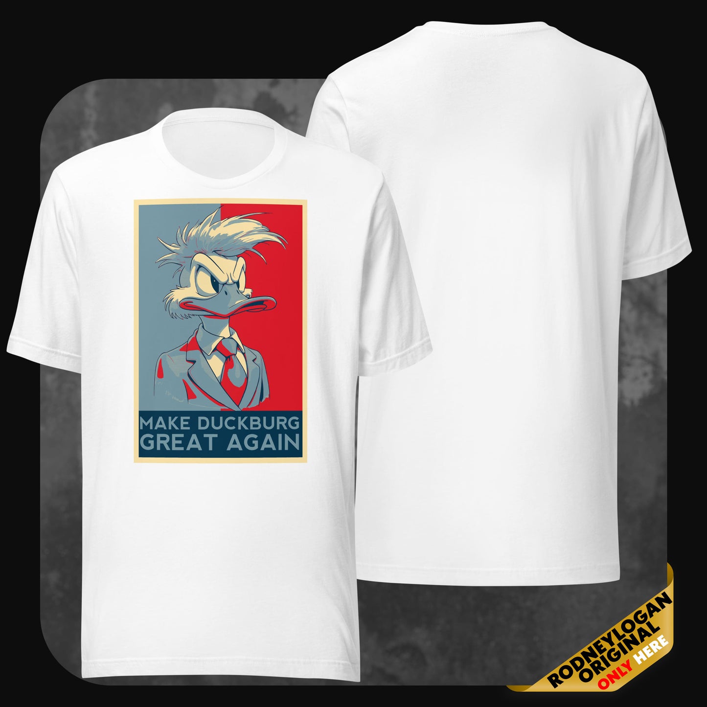Weißes Unisex-T-Shirt mit humorvollem Retro-Design einer Ente im Anzug und der Aufschrift „Make Duckburg Great Again“.