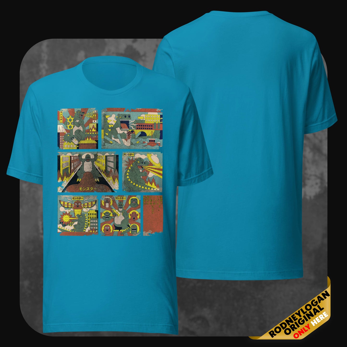 "Not Godzilla"-T-Shirt in Blau mit Comic-Design eines Monsters, das eine Stadt zerstört.