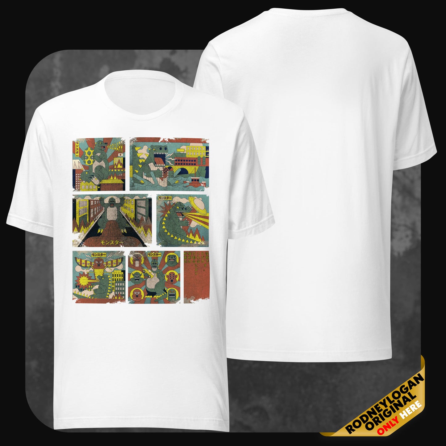 "Not Godzilla"-T-Shirt in Weiß, bedruckt mit einem humorvollen Comic über ein namenloses Monster.