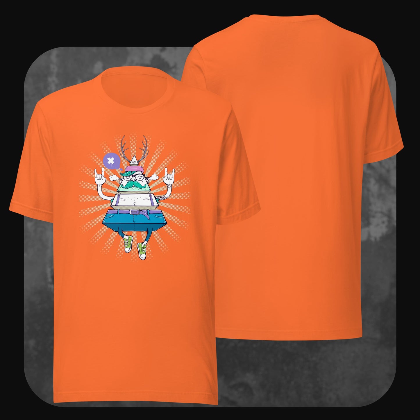 Orangenes T-Shirt mit auffälliger Cartoon-Grafik einer schwebenden Figur mit pyramidenförmigem Körper, Bart, Brille und Geweih. Rückseite unbedruckt.