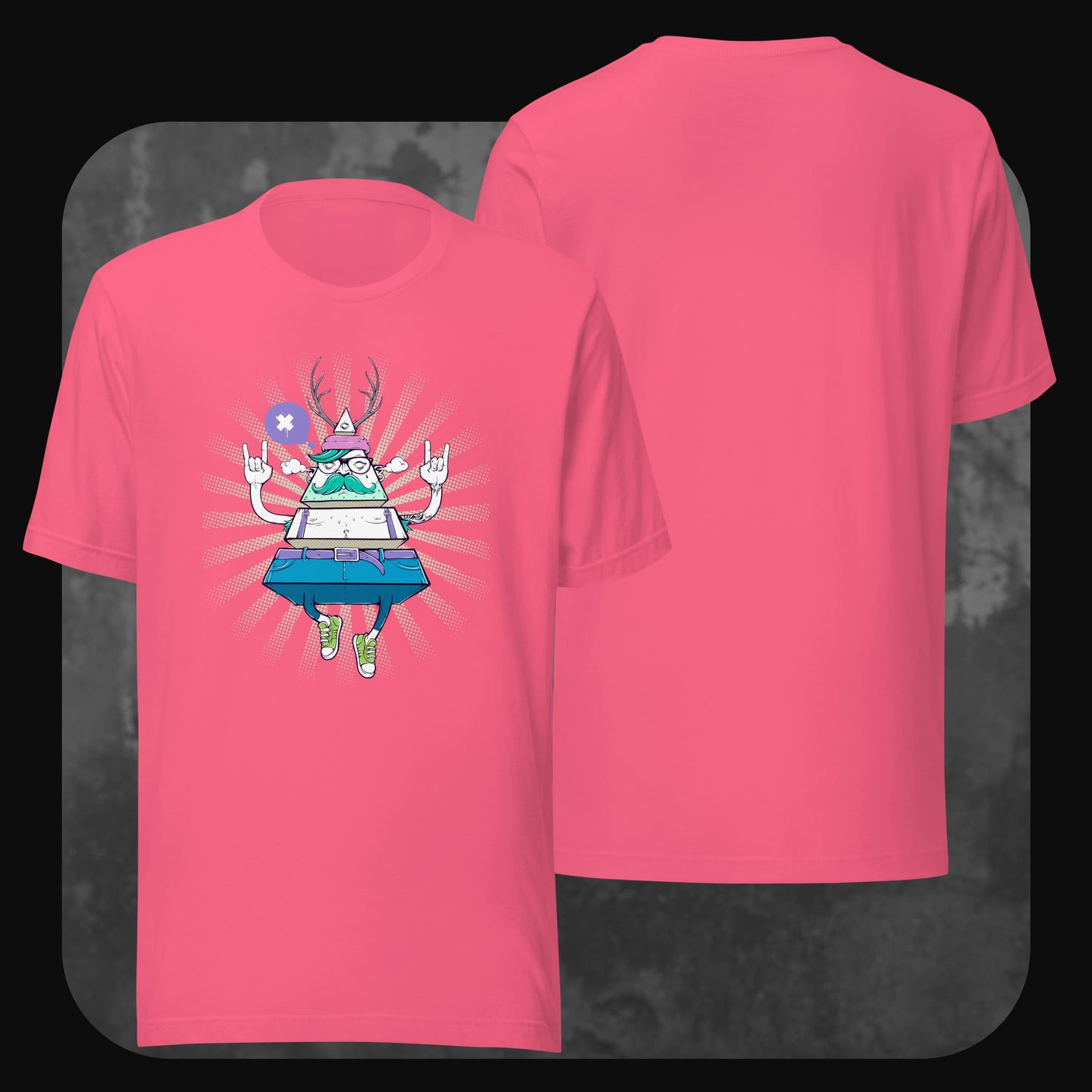 Pinkes T-Shirt mit derselben Cartoon-Grafik, diesmal mit Hirschgeweih am Charakter. Rückseite unbedruckt.