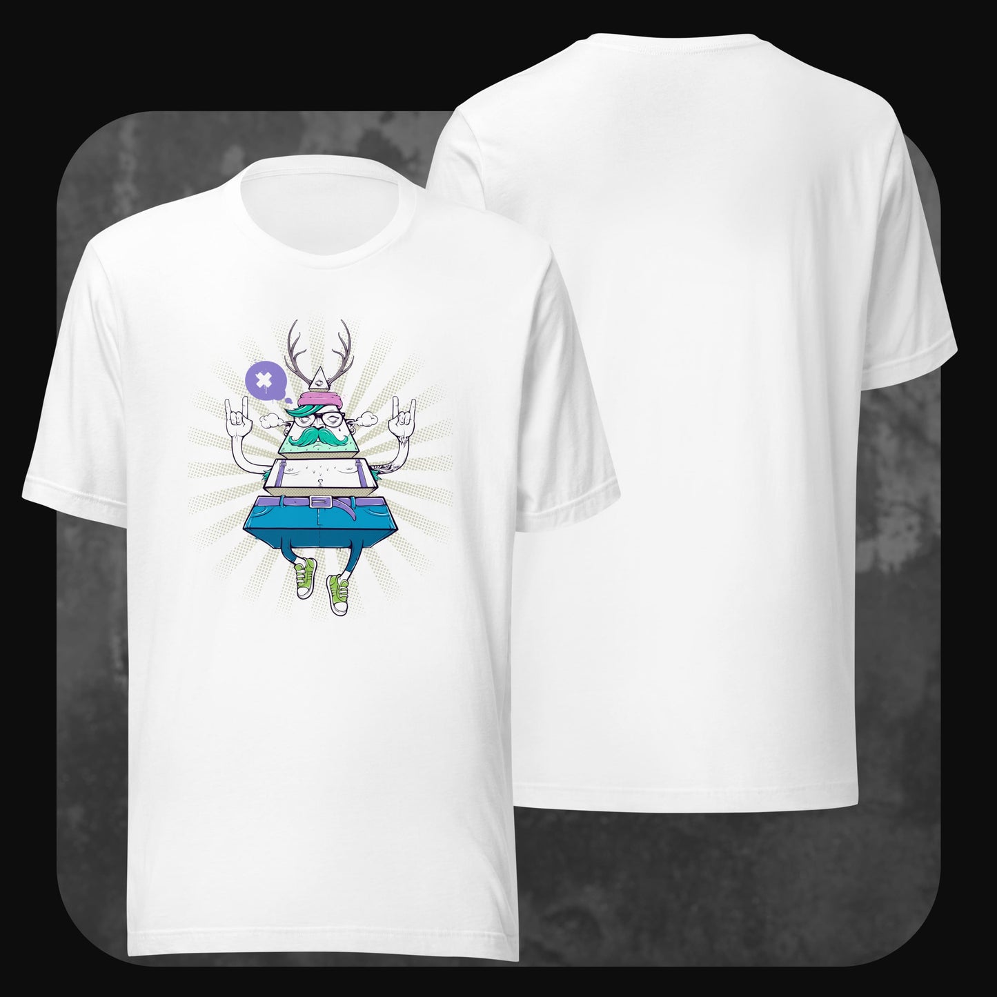 Weißes T-Shirt mit derselben bunten Cartoon-Grafik eines schwebenden, pyramidenförmigen Charakters mit Hut, Bart, Brille und Geweih. Rückseite schlicht.