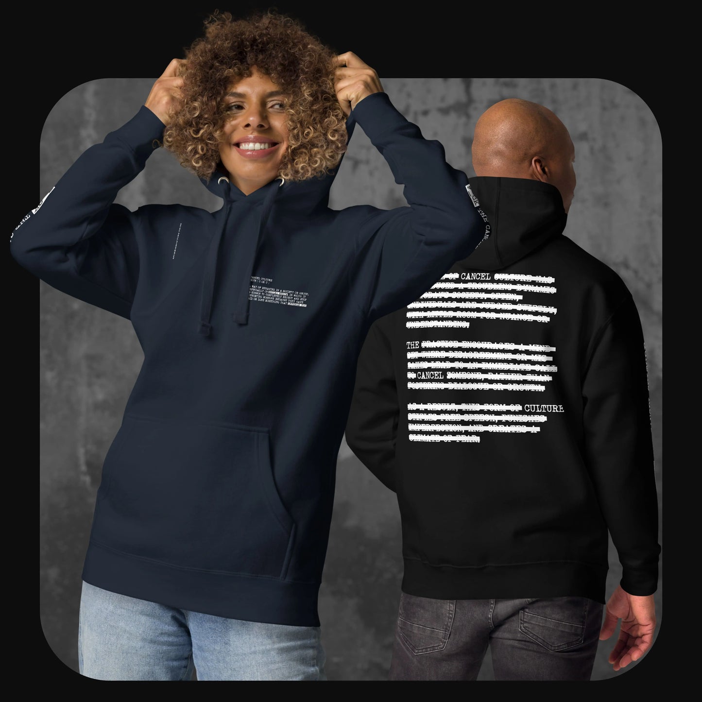 Two models wearing the hoodie: one facing front in navy version, one from behind in black version, showcasing front and back designs.