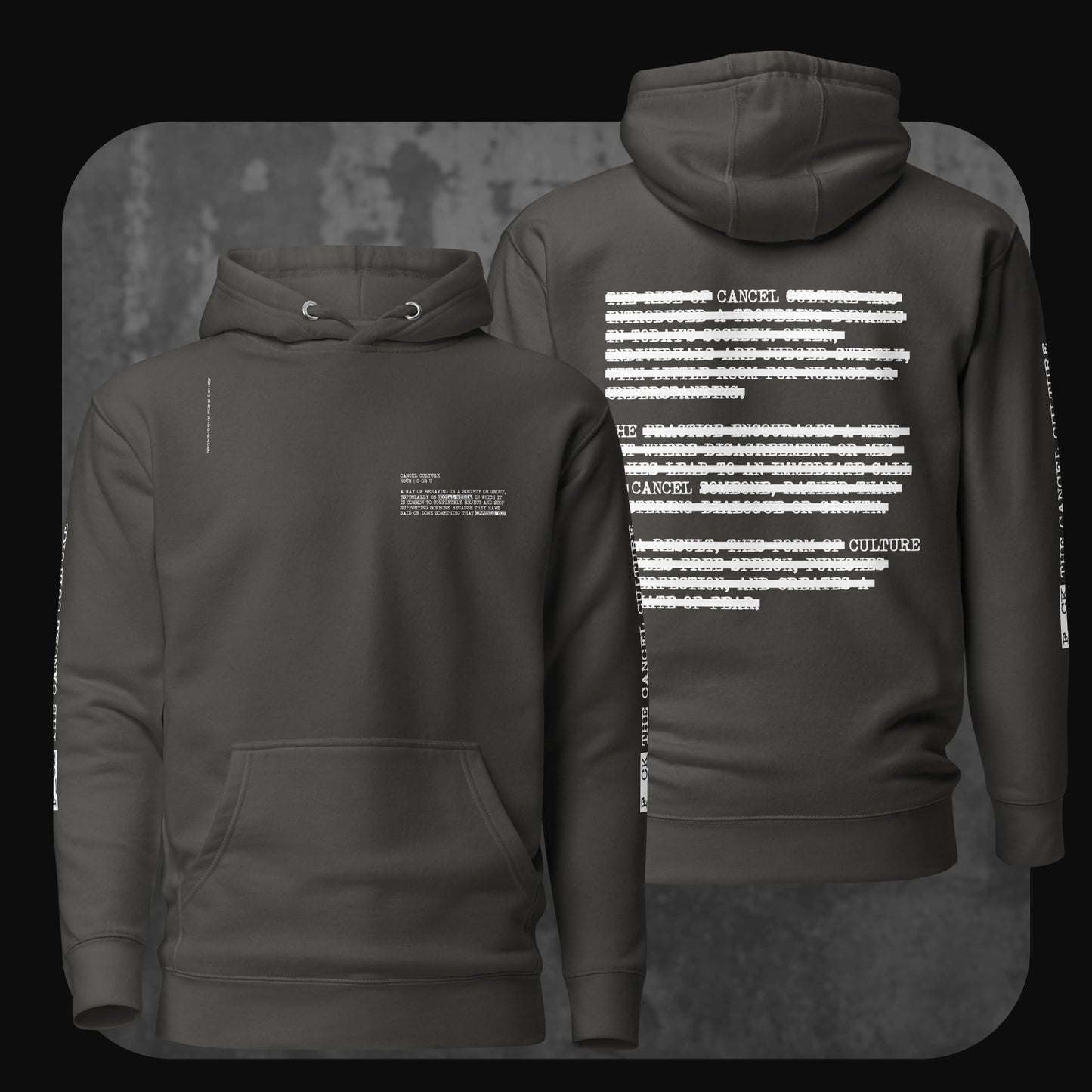 Vintage black hoodie with minimal front text and a bold visual of censored text on the back; sleeve features a vertical statement graphic.